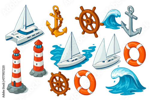 Nautical Symbols Collection. Isometric vector illustration set nautical symbols: luxury catamaran, bronze chain anchor, varnished