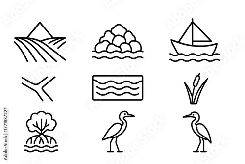 Delta Ecosystem Icons. Line style icons of Delta: Fertile Land, Sediment, Fishing Boat, Distributary, Water Channel, Reed,