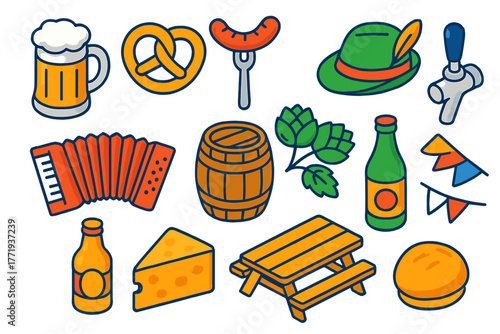 Alpine Tavern Icons. Isometric vector illustration set Alpine Tavern Linear Icons: beer stein, pretzel, grilled sausage, Tyrolean