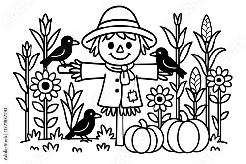 Cheerful Scarecrow Scene. Cheerful scarecrow with a big hat standing in a cornfield with crows, pumpkins, and sunflowers, black