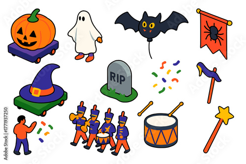 Halloween Parade Icons. Isometric vector illustration set Halloween Parade Icons: pumpkin float, ghost costume, bat balloon,