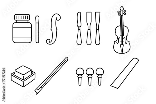 Luthier's Craft Icons. Line style icons of Luthier: Varnish, Soundhole, Wood Carving Tools, Violin, Rosin, Bow, Tuning Pegs,