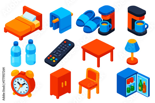 Hotel Room Amenities. Isometric vector illustration set Hotel Room Amenities Icons: bed, bath towel, slippers, coffee maker,