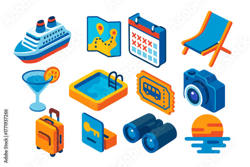 Cruise Hospitality Icons. Isometric vector illustration set Cruise Hospitality Icons: cruise ship, itinerary map, booking calendar
