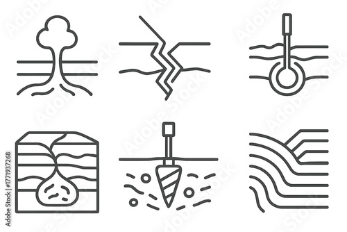Deep Earth Icons. Line style icons of Deep Earth: Mantle Plume, Mineral Vein, Seismic Wave, Core Sample, Magma Chamber, Drill Bit,