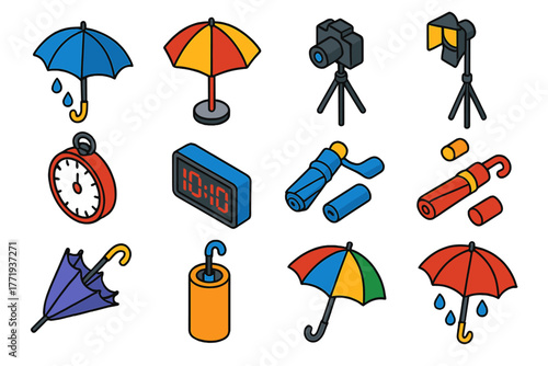 Umbrella Iconography Collection. Isometric vector illustration set Umbrella Time-Lapse Icons: rain umbrella, patio umbrella,