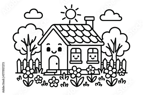 Cozy House Coloring. Cozy house with smiling windows surrounded by trees, flowers, and a picket fence, black and white line art,