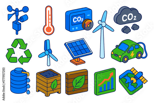 Climate Data Icons. Isometric vector illustration set Climate Data Icons: weather station, thermometer, CO2 monitor, pollution