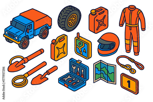 Desert Rally Gear Icons. Isometric vector illustration set Desert Rally Gear Outline Style: rally truck, sand tires, jerry can,