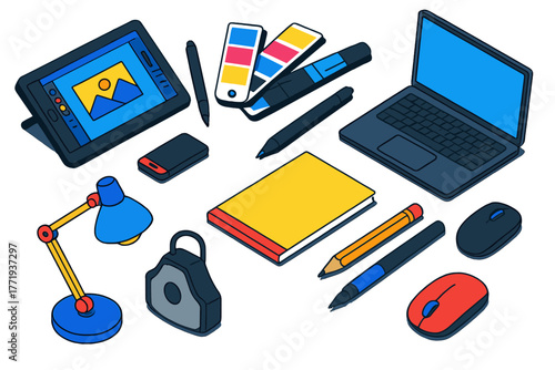 Graphic Design Tools. Isometric vector illustration set design tools for graphic designers and creatives: graphic tablet with