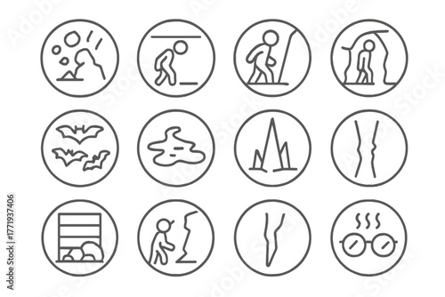 Underground Hazard Icons. Line style icons of underground hazards in round shape: falling rocks, low ceiling, slippery ground,