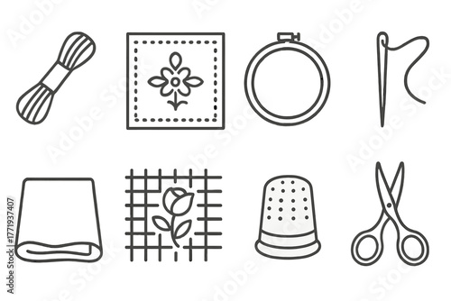Embroidery Tools Icons. Line style icons of Embroidery: Floss, Sampler, Hoop, Needle, Fabric, Pattern, Thimble, Embroidery
