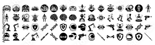 Collection of futuristic technology and science icons, including robots, brains, dna, and medical symbols