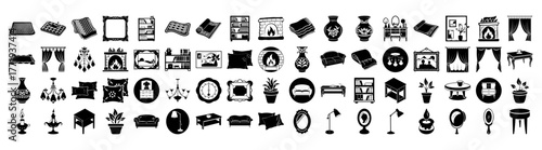 Assortment of interior design and home decor elements, featuring furniture, lighting, and decorative objects