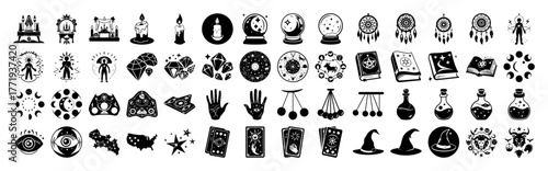 Mystical and magical symbols collection, including crystal balls, spell books, potions, and witch hats