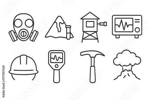 Volcanic Monitoring Icons. Line style icons of Volcanic Monitoring: Gas Mask, Lava Sample, Observation Post, Seismograph, Safety