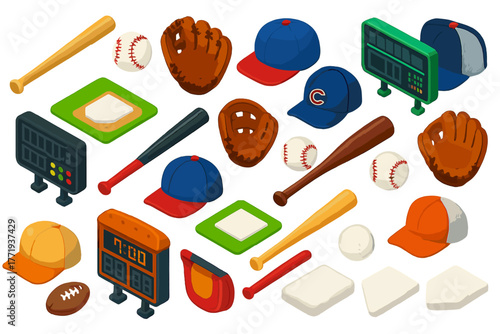 Baseball Equipment Icons. Isometric vector illustration set baseball elements: hickory bat, tournament baseball, large pocket