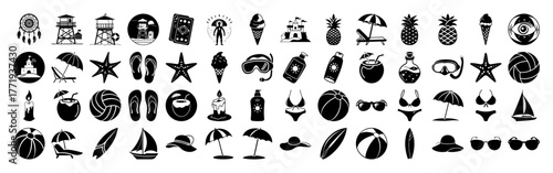 Collection of summer vacation and beach icons, including sunglasses, swimsuits, beach balls, surfboards, umbrellas, pineapples, ice cream, and more, all isolated on a
