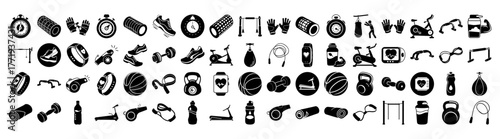 A comprehensive set of black icons related to fitness and sports, including gym equipment, exercise activities, and healthrelated symbols, isolated on a