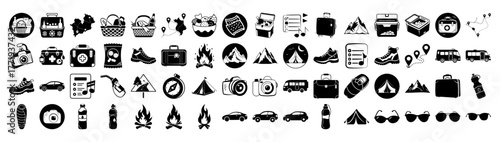 Bundle of camping and outdoor adventure icons, including tents, backpacks, campfires, cars, hiking boots, compasses, cameras, and suitcases, all isolated on a