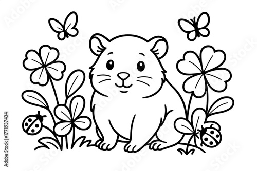 Guinea Pig and Friends. Gentle guinea pig sitting among clover leaves with butterflies and ladybugs nearby, black and white line