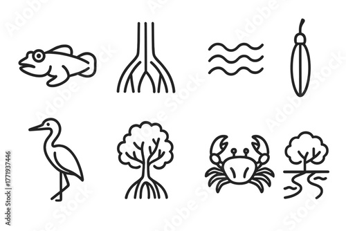 Mangrove Forest Icons. Line style icons of Mangrove Forest: Mudskipper, Prop Roots, Tide, Seed Pod, Heron, Mangrove Tree,