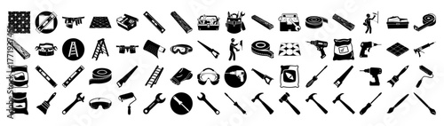 A comprehensive set of black icons depicting various construction and diy tools, including hammers, saws, drills, wrenches, and safety equipment, presented on a clean