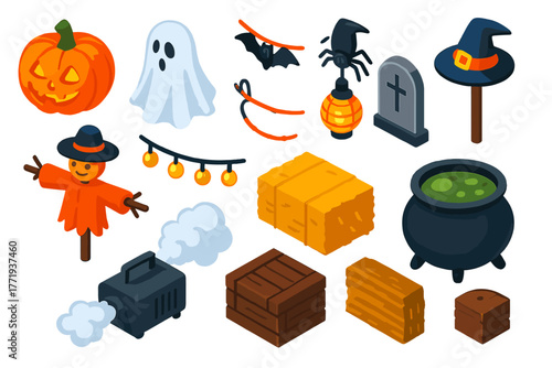 Scary Street Decorations. Isometric vector illustration set Scary Street Decorations: glowing pumpkin, ghost hanging, bat garland,