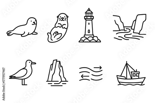 Wildlife Strait Icons. Line style icons of Wildlife Strait: Seals, Sea Otters, Lighthouse, Narrow Passage, Seagull, Cliff,