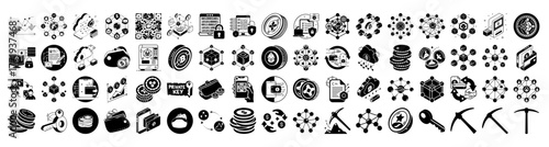 A collection of black and white icons representing various concepts related to technology, finance, and business, including blockchain, cryptocurrency, mining, and data analysis, presented on a