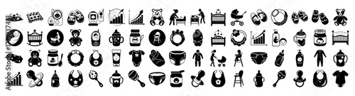 An extensive collection of black and white icons related to babies and childcare, featuring items like cribs, strollers, diapers, bottles, and clothing, presented on a