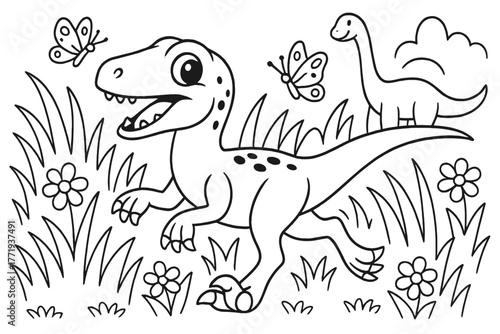 Velociraptor in Grassland. Playful velociraptor running through tall grass with butterflies, flowers, and other dinosaurs, black