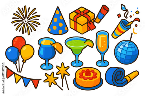 Party Celebration Icons. Isometric vector illustration set celebration elements: golden firework burst, polka dot cone hat, gift