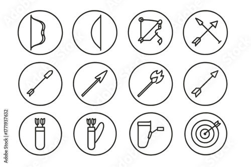 Archery Icons Collection. Line style icons of archery in round shape: recurve bow, longbow, compound bow, crossbow; arrow with