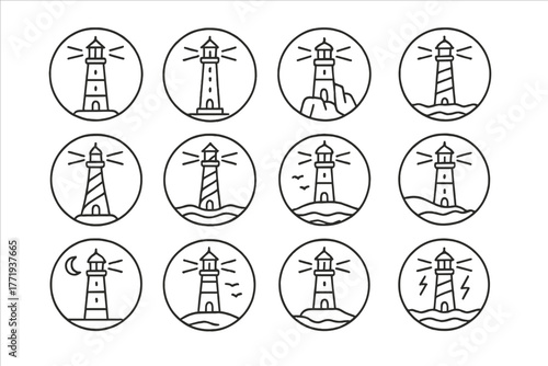 Lighthouse Icon Collection. Line style icons of lighthouses in round shape: classic lighthouse, tall lighthouse, rocky cliff