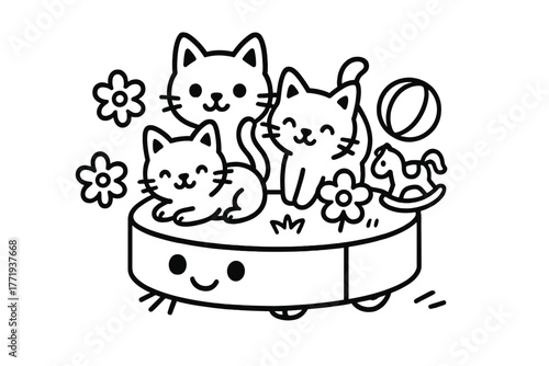 Whimsical Robot Adventure. Playful robot vacuum cleaner rolling across the floor with cats, toys, and flowers riding on top, black
