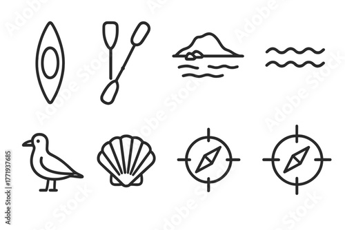 Adventure Sandbar Icons. Line style icons of Adventure Sandbar: Kayak, Paddle, Exposed Land, Tide, Seabird, Shell, Compass, Small