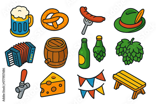 Oktoberfest Party Icons. Isometric vector illustration set Oktoberfest Party Linear Icons: beer stein, pretzel, grilled sausage,