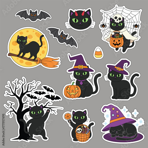 Halloween sticker set featuring a black cat. Vector illustration.