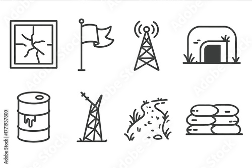 Forgotten Outpost Icons. Line style icons of Forgotten Outpost: Cracked Window, Windswept Flag, Radio Tower, Old Bunker, Rusted