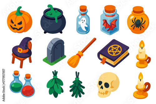Witch's Lair Icons. Isometric vector illustration set Witch’s Lair Icons: pumpkin by cauldron, ghost in bottle, bat wing jar,