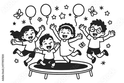 Trampoline Joy Sketch. Funny group of children jumping on a trampoline with balloons, stars, and butterflies above, black and