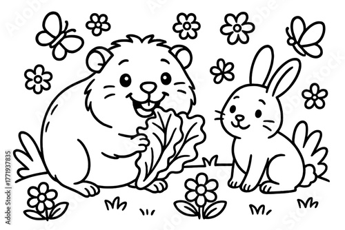 Guinea Pig Delight. Smiling guinea pig nibbling on lettuce leaves with flowers, butterflies, and a rabbit nearby, black and white