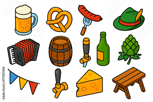 Oktoberfest Party Icons. Isometric vector illustration set Oktoberfest Party Linear Icons: beer stein, pretzel, grilled sausage,