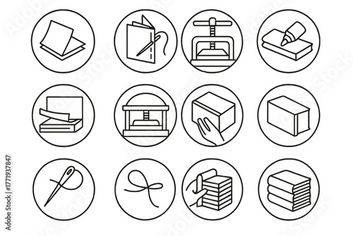 Bookbinding Icons Circle. Line style icons of bookbinding processes in round shape: folding signatures, sewing folios, gluing