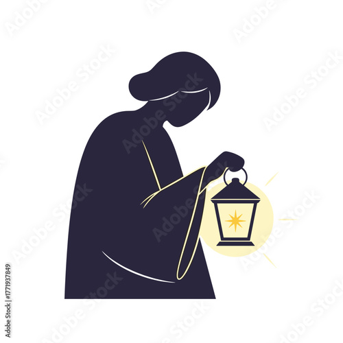 Woman holding a lantern and illuminating the darkness with light  