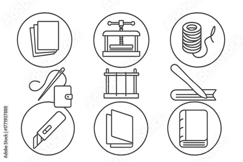 Bookbinding Tools Icons. Line style icons of bookbinding in round shape: paper folio, book press, thread, leather cover; sewing