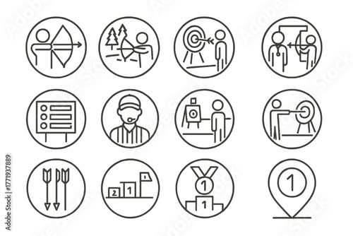 Archery Icons Collection. Line style icons of archery competitions in round shape: Olympic archery, field archery, target archery,