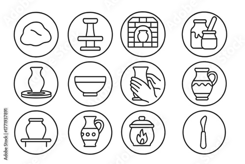 Pottery Icon Collection. Line style icons of pottery in round shape: clay lump, potter's wheel, kiln, glaze jar; spinning wheel,