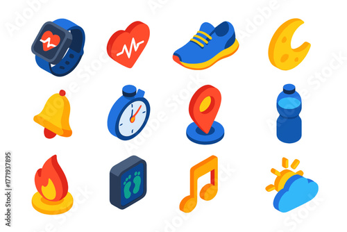 Wearable Tracking Icons. Isometric vector illustration set Wearable Tracking Icons: smartwatch, heart rate, running shoe, moon